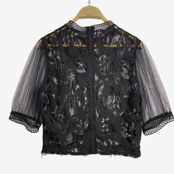 Peach Puffy Sleeve Sheer Allover Lace Cropped Blouse Top - Picture 2 of 13